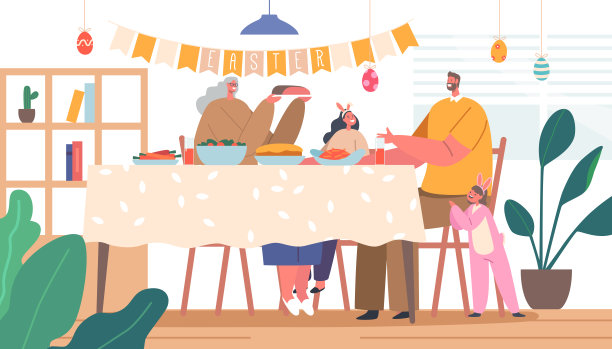 快乐的父亲，奶奶和孩子们吃复活节大餐。快乐的家庭人物在餐桌上吃饭，有食物图片下载