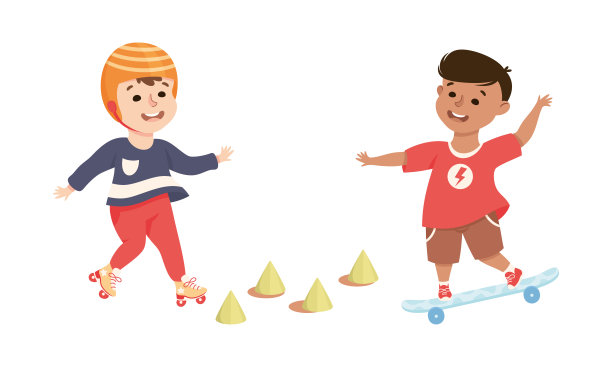小男孩在旱冰鞋和滑板在滑冰公园有乐趣和享受娱乐活动矢量集图片下载
