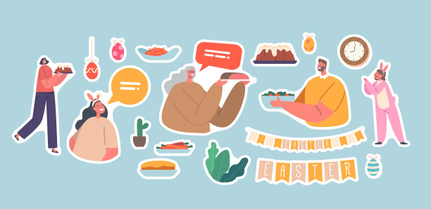 一套快乐的家庭人物贴纸妈妈，爸爸，奶奶和孩子们正在吃复活节晚餐。吃饭的人图片下载