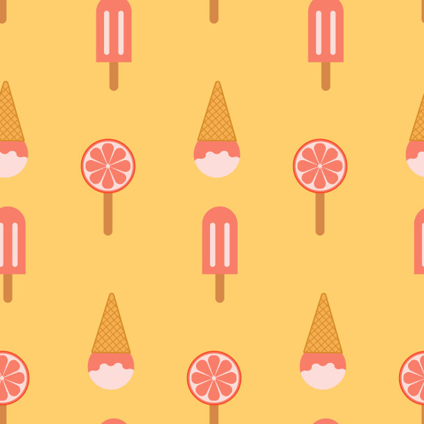 冰淇淋无缝图案。香草冰淇淋，糖浆和橘子冰柑橘冰沙。设计面料，纺织品印花，包装纸，封面，网站背景图片下载