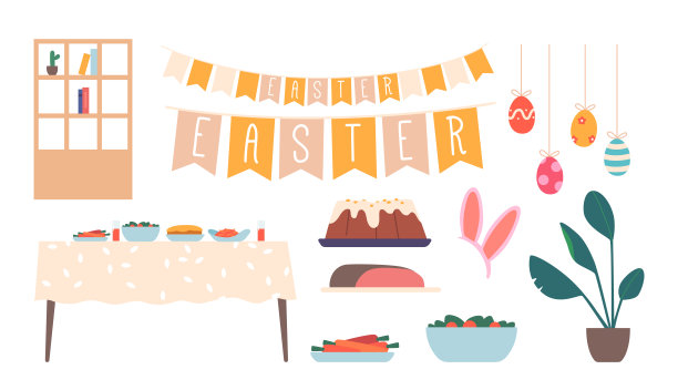 复活节晚餐，室内工作人员和装饰的图标集。不同节日餐的餐桌，房间装饰图片下载