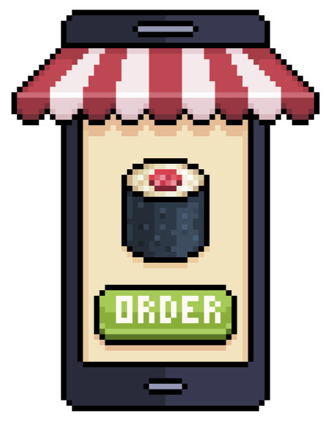 像素艺术手机订购寿司在食物应用矢量图标8bit游戏图片下载
