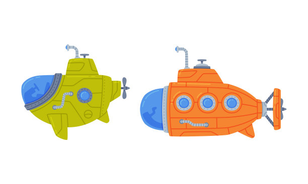 彩色潜艇船只与舷窗游泳水下矢量集图片下载