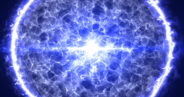 一个美丽的圆形明亮的球体，一个明亮的蓝色恒星燃烧等离子魔法能量的黑色空间背景。抽象的背景。屏幕保护程序图片下载