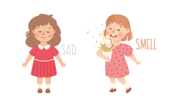 小女孩表现出悲伤的哭泣和闻花在花盆矢量集图片下载