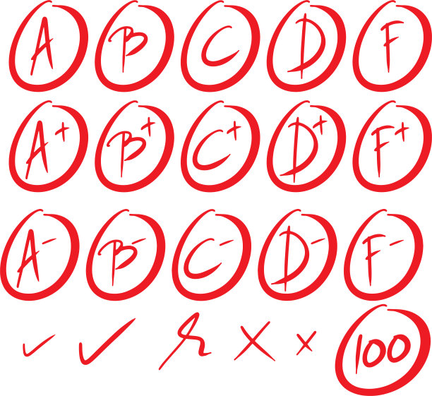 矢量集的手绘评分结果。分数有圆圈，正负。考试成绩、字母及加分分数用红圈圈出。图片下载