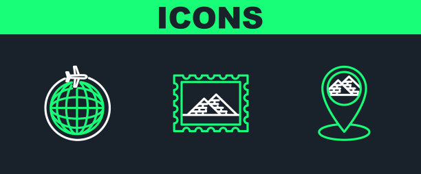 设置线地图指针与埃及金字塔地球仪图片下载