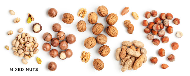 不同的坚果收集在白色背景。创造性的布局图片下载