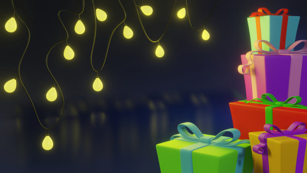 蓝色背景上明亮的礼品盒3D渲染。为新年和圣诞节设计，明信片，横幅，网络。中国新年的贺卡概念水兔。图片下载