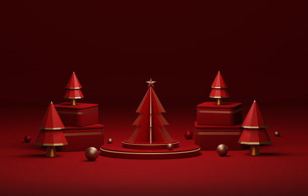 圆形底座讲台，球金和红色圆形礼品盒与圣诞树为圣诞节和新年抽象的背景。图片下载