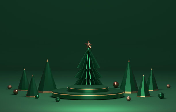 金色镶边讲台和绿色圣诞树与金色镶边优雅的圣诞和新年在绿色背景。图片下载