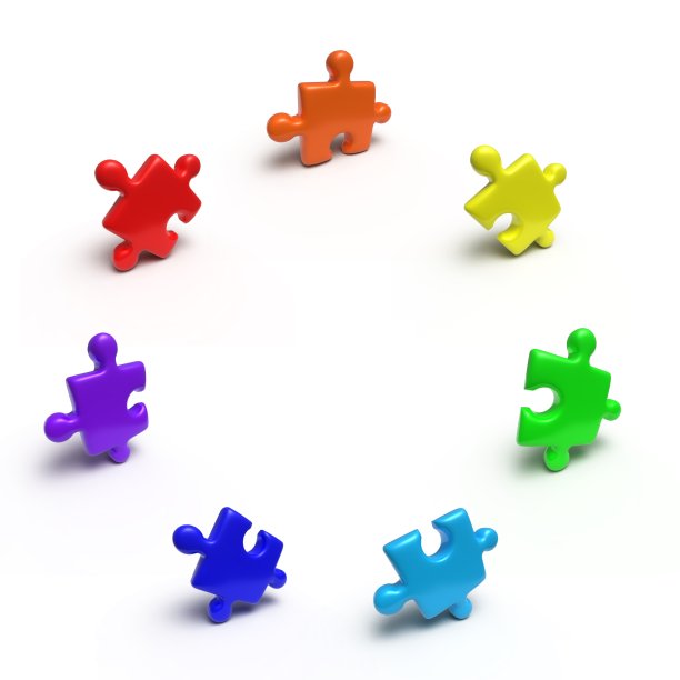 圆圈三维插图拼图彩虹的颜色。图片下载