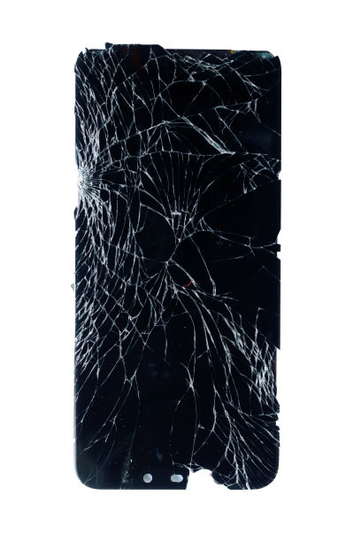 破碎的屏幕孤立在白色背景上，破碎的屏幕手机孤立在白色背景上，破碎的玻璃-黑色背景上的白线，俯视图图片下载
