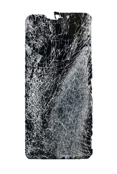 屏幕破裂的手机孤立在白色背景上，破碎的屏幕孤立在白色背景上，破碎的玻璃-黑色背景上的白线，俯视图图片下载