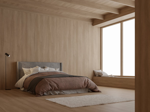 现代的现代卧室室内与所有木制材料3d渲染图片下载