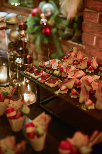 招待会上的自助餐。各式各样装饰精美的美食。宴会服务。餐饮及度假概念图片下载