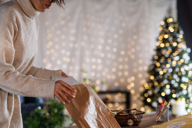 年轻女子把一个小纸板箱装进纸袋图片下载