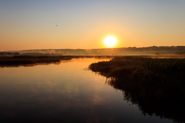 日出时雾中的河流。早晨河上有雾图片下载