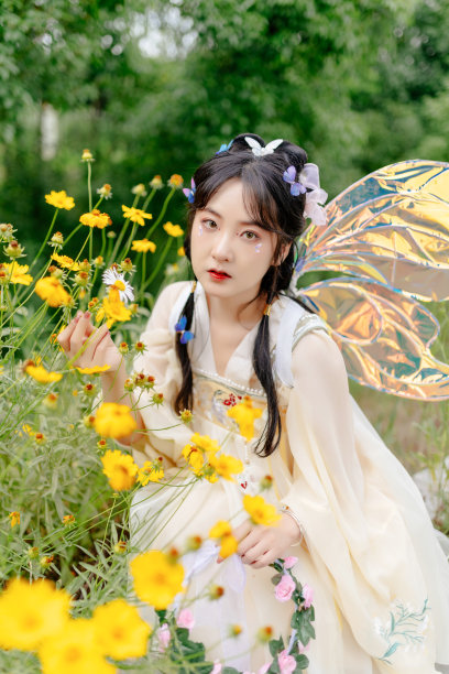 一个穿着中国服装的亚洲美女在户外，图片下载