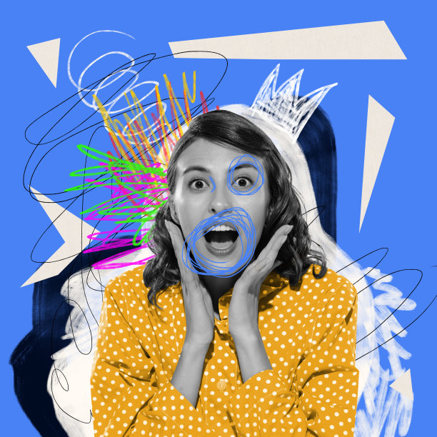 冲击。年轻女孩的肖像与抽象图形。当代艺术拼贴。新视野的美与时尚，情感，情怀。图片下载