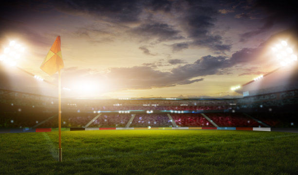 足球3d渲染体育场。足球场一角的红旗和足球场一角的红旗。图片下载