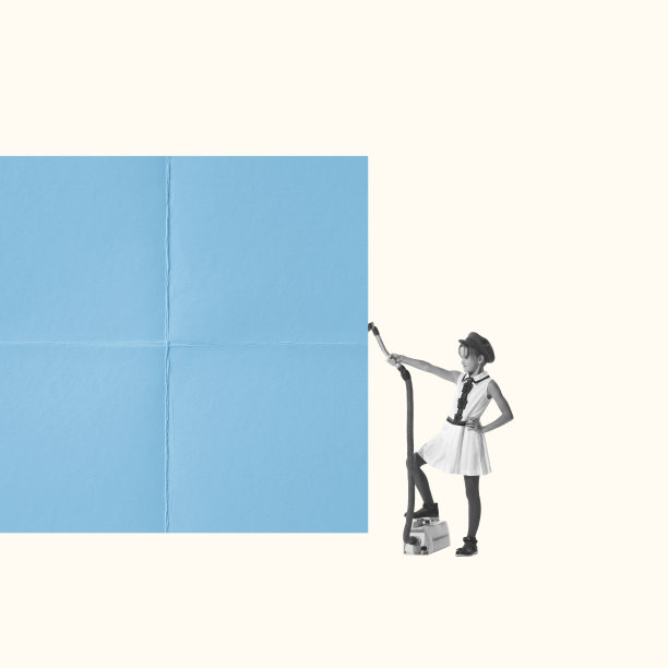 当代艺术拼贴，设计与小女孩，孩子站在复古吸尘器。童年概念，梦想，创意，乐趣，生活方式，复古风格。广告复制空间图片下载