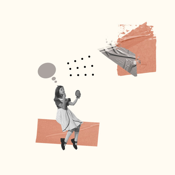 当代艺术拼贴，创意设计。小复古女孩用口红画嘴唇，在浅色背景上玩得很开心。儿童概念，化妆品，创意，设计，童年。本空间图片下载