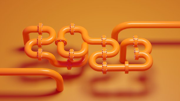 2023金黄色金属管字在黄色背景3d插图。水管行业新年伊始图片下载