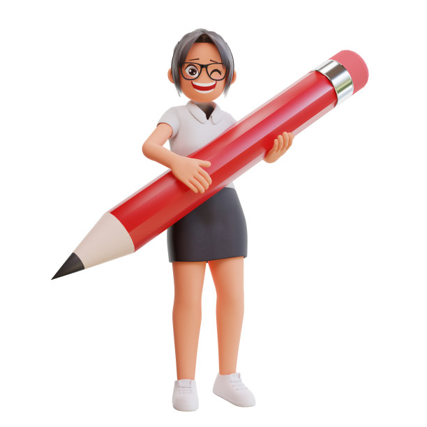 年轻的女商人拿着铅笔3d卡通插图图片下载
