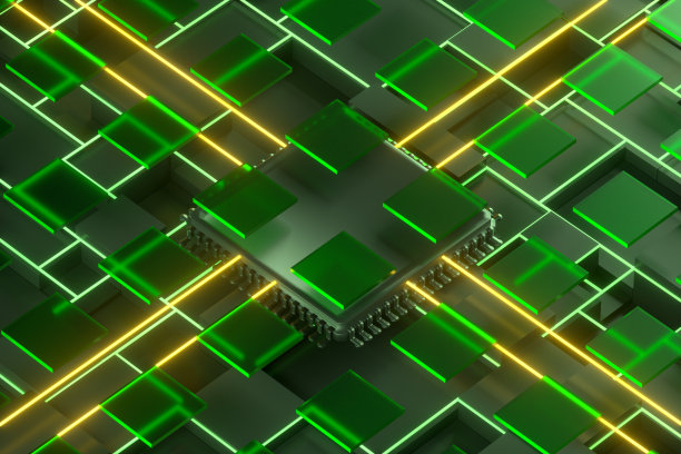 摘要技术背景计算机芯片上的立方体块与霓虹灯发光的线条图片下载