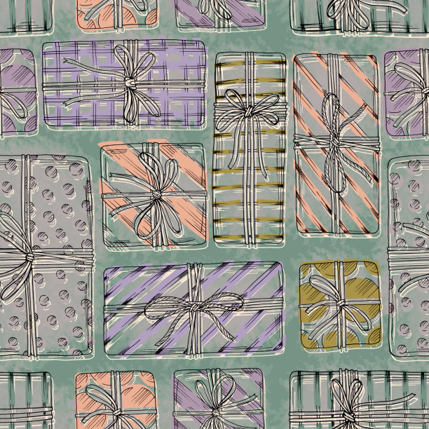 无缝瓷砖图案与圣诞呈现涂鸦风格的线条艺术插图图片下载