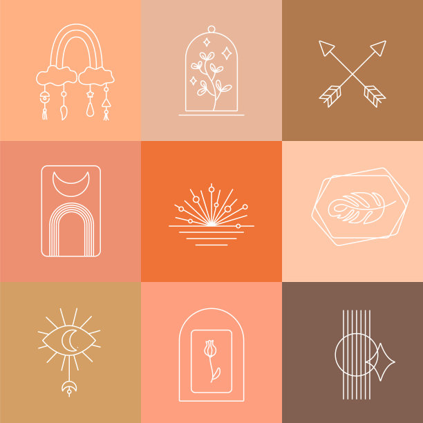 波西米亚轮廓标志集合。会徽设计。眼睛和捕梦网。放荡不羁的迹象。矢量股票图图片下载