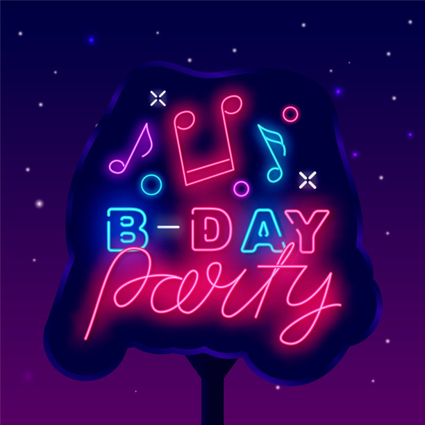 Bday派对街霓虹灯广告牌。生日晚会。音符。发光的旗帜。矢量股票图图片下载