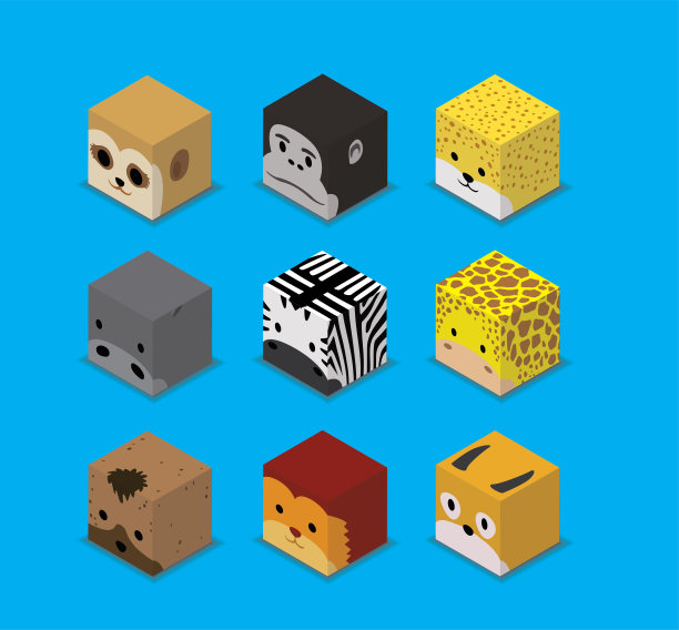 骰子盒3D字符萨凡纳非洲动物集卡通矢量图片下载