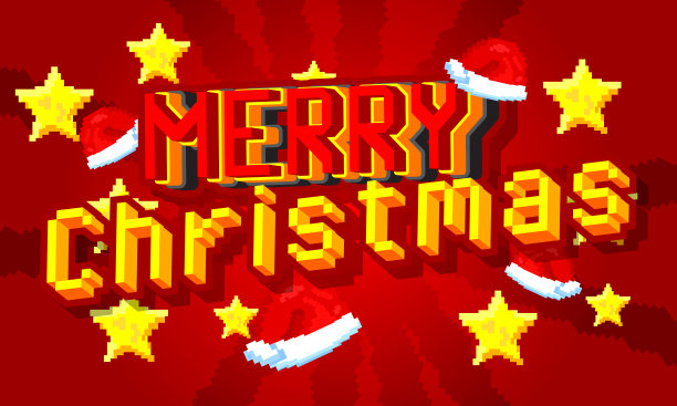 圣诞快乐。像素字与几何图形背景。矢量卡通插图。图片下载