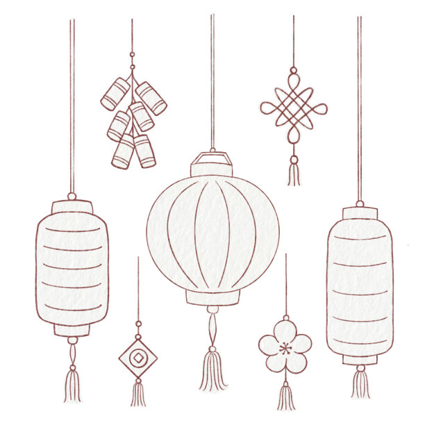 用铅笔画的中国灯笼和流苏图片下载