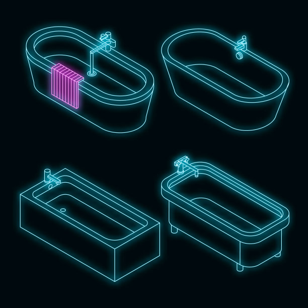 浴缸图标设置矢量霓虹灯图片下载