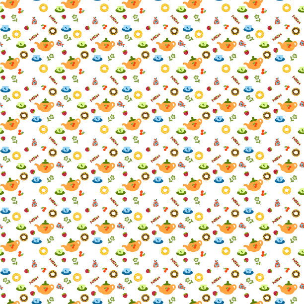 茶壶，杯子，糖果，百吉饼，浆果，白色纹理背景上的花朵。明亮的假日图案。图片下载