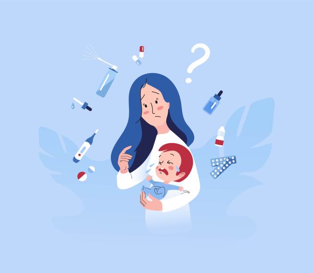 担心给哭泣的婴儿喂药的忧虑母亲图片下载