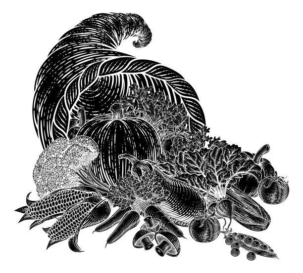 聚宝盆角生产蔬菜复古木刻图片下载