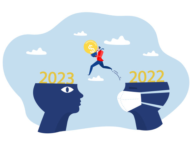 商人抱着灯泡的想法从2022年跳到2023年平面矢量插画家图片下载