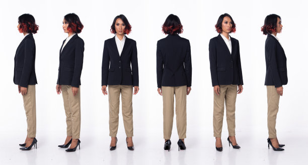 全长20多岁的亚洲女性穿着正式的商务礼服，西装外套，高跟鞋。黑色短卷发女性感觉快乐的微笑时尚复古，360前侧后背在白色背景孤立图片下载