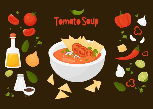 墨西哥番茄汤的馅料配方。矢量插图拉丁美洲菜在黑色背景上的卡通风格。图片下载