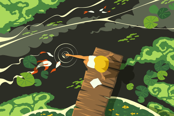 森林池塘景观。林间空地上有金鱼、睡莲和女人形象的卡通湖。矢量自然全景图图片下载