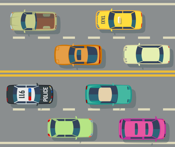 道路俯视图。沥青公路上的卡通汽车图片下载