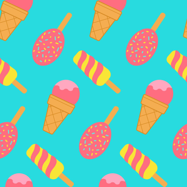 无缝图案冰淇淋冰棒，水果棒和球在华夫饼杯。设计面料，包装纸，封面，网页，印刷，壁纸图片下载