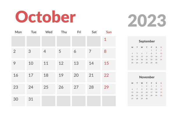 2023年10月日历模板。矢量布局简单的日历与周开始周一。图片下载