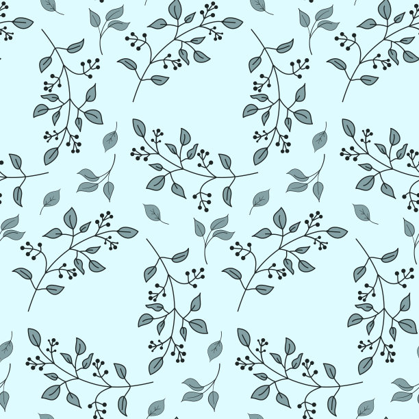 无缝模式手绘灰色树枝与树叶和浆果插图图片下载