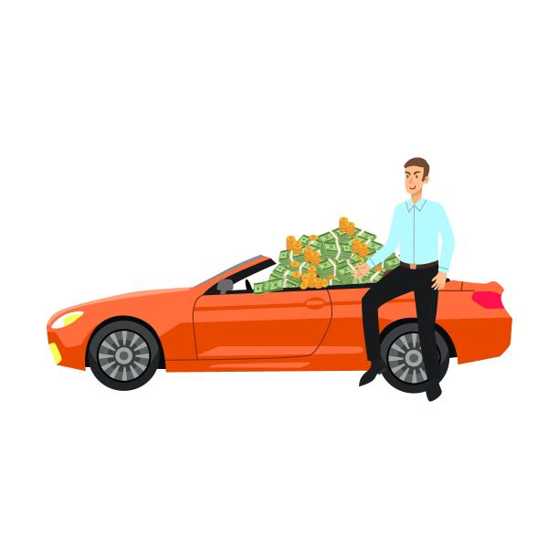 有钱人在车里装满了钱的卡通插图。人的性格。亿万富翁或百万富翁孤立在白色背景图片下载