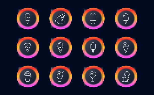 冰淇淋图标集。糖果，冷冻果汁，咖啡，甜筒，冷冻，美味的甜点，糖衣。饮食的概念。Glassmorphism风格。矢量线图标的业务图片下载